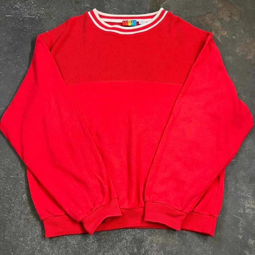 Vintage Levis Sport Red Knit Sweater Mens XL 90s Cotton Crewneck Ribbed